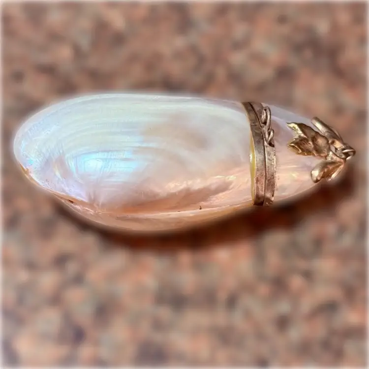 Antique Mother Of Pearl Shell Brass Floral Accent Hinged Trinket Ring Snuff Box