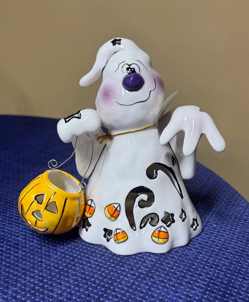 Blue Sky Clayworks Halloween Ghost Holding Pumpkin Candle Holder HeatherGoldminc
