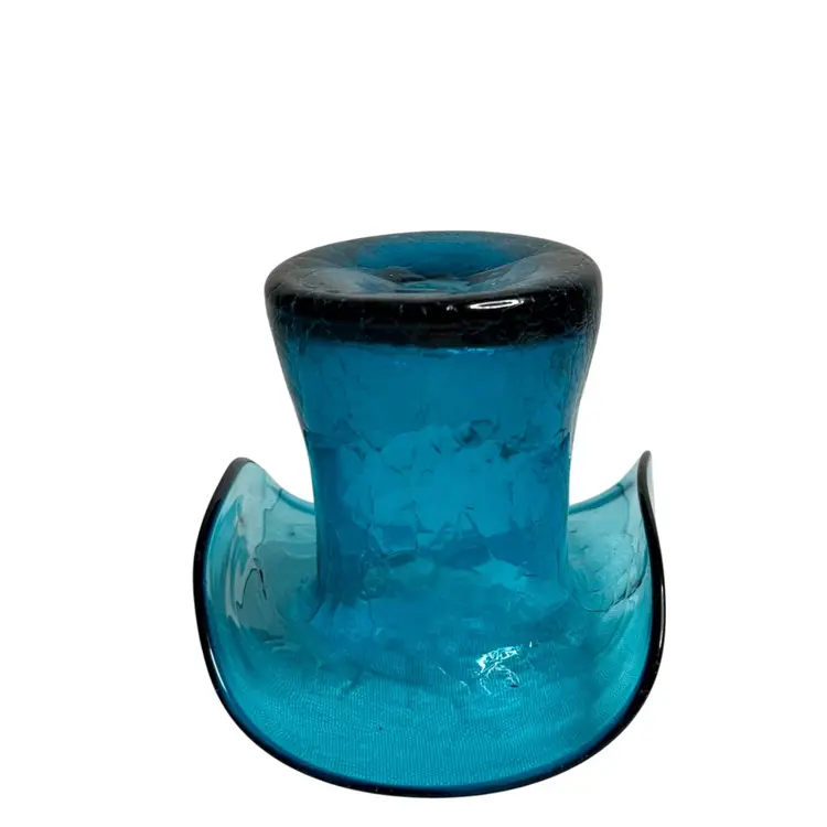 Top Hat Tea Light/Vase Turquoise Blue Crackle Art Glass Hand Blown Blenko? 
3” T x  4-3/4” L x 3” W