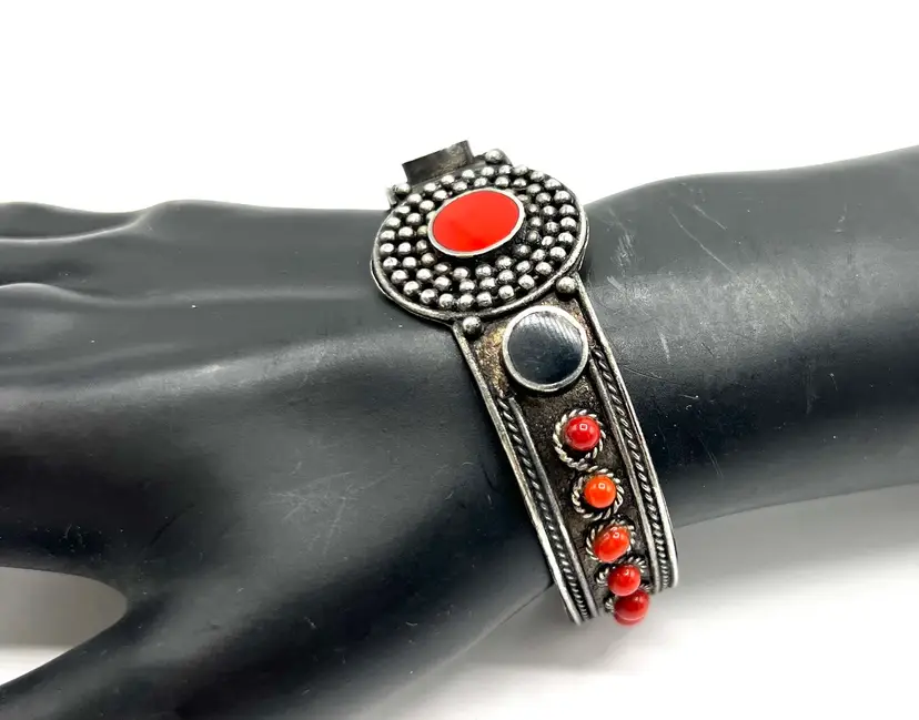 Tibetan Silver Bracelet, Cuff Style, Coral Glass Highlights, NA Style,