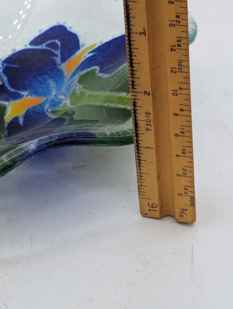 Peggy Karr Handcrafted Fused Glass Iris Art Bowl - Blue Bearded Iris Floral Slumped Glass - 8.5"