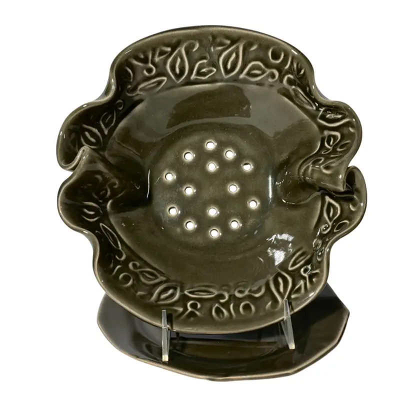 Vintage Pottery Berry Strainer Bowl and Underplate Handmade Hilborn Green Ontario Canada