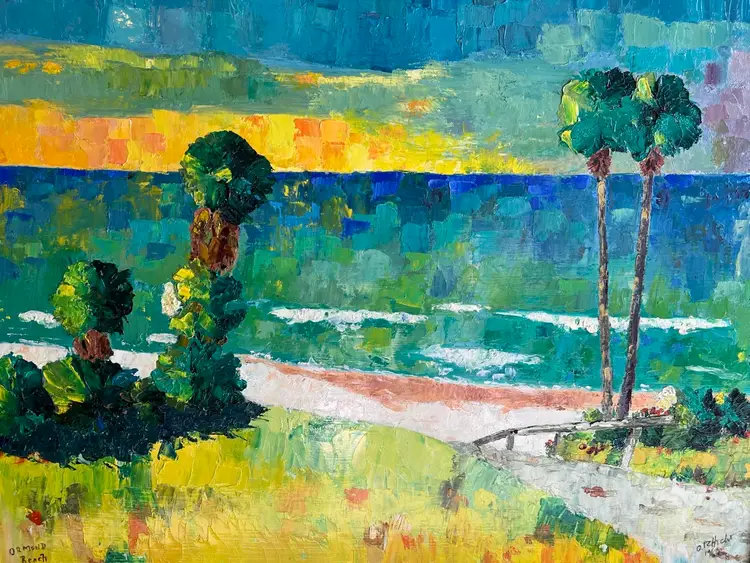 1966 Colorful Original Oil on Wood Panel "Ormond Beach" by O R Hecht SIGNED