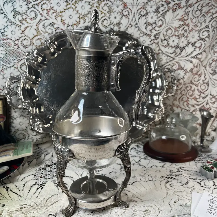 Vintage International Silver Silver Plate Coffee Carafe With Warmer Stand 1972 14.5" X 6.5"