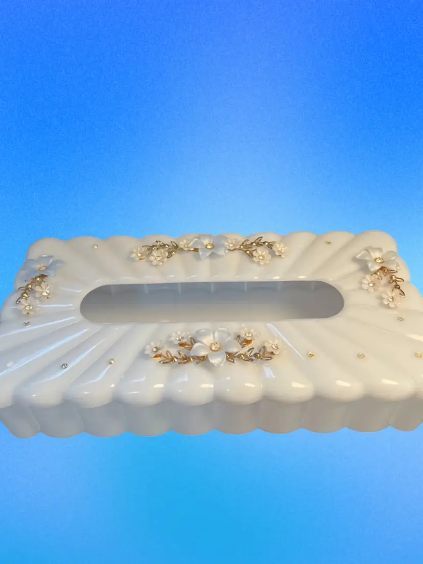 #01 Vintage Menda Blue Plastic Jeweled Tissue Box Holder-Sits on Gold Toned Feet. Raised Flowers are UV Reactive & Glow Light Green