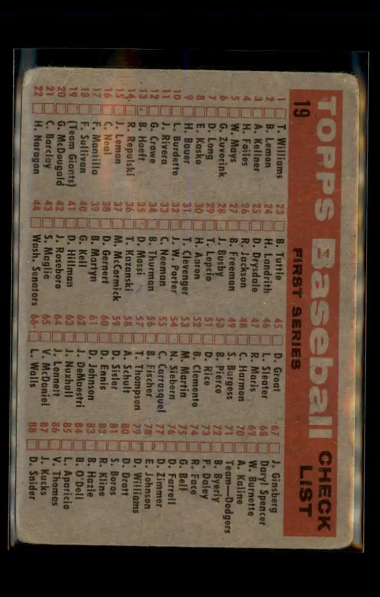 1958 Topps #19 New York Giants - (pk4) - San Francisco Giants