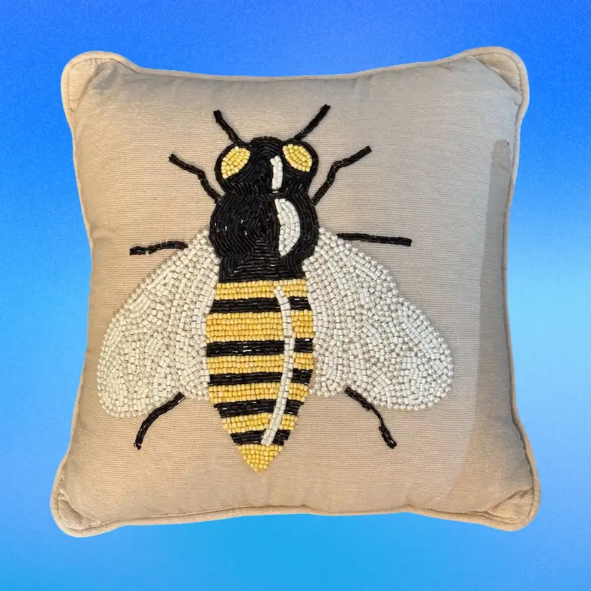 Primrose Vintage Beaded Bumble Bee Decor Pillow Honey Silver Shimmer (KK)