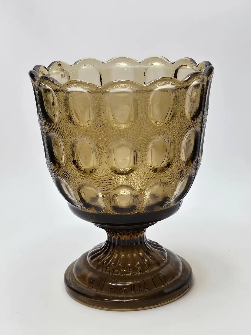 E.O. Brody Co. 1960s Smoky Brown Thumbprint Scalloped Glass Pedestal Vase M4200