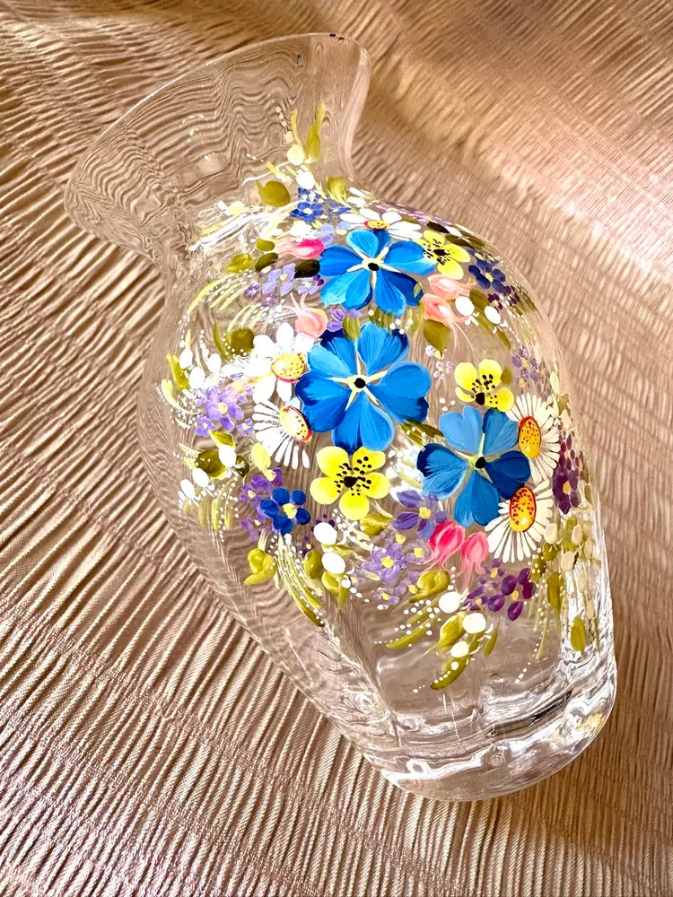 Vintage Hand Painted Clear Glass Signed 6” So Pretty