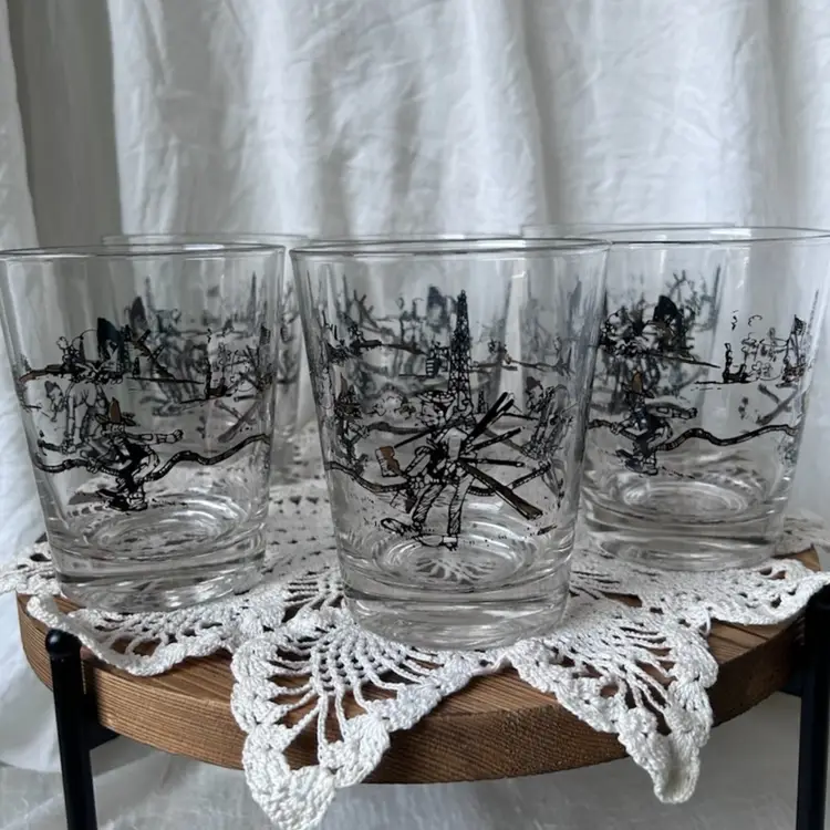 SET OF 6 MCM WHISKEY GLASSES MEN IN OIL FIELD
