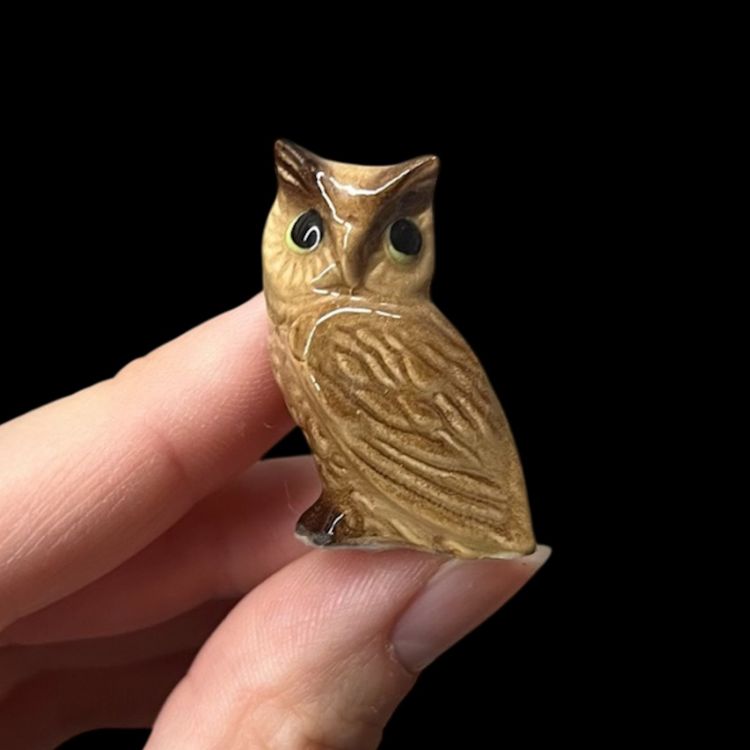 Ceramic Owl Miniature Figurine, Small Brown Owl Figurine, Mini Ceramic Owl