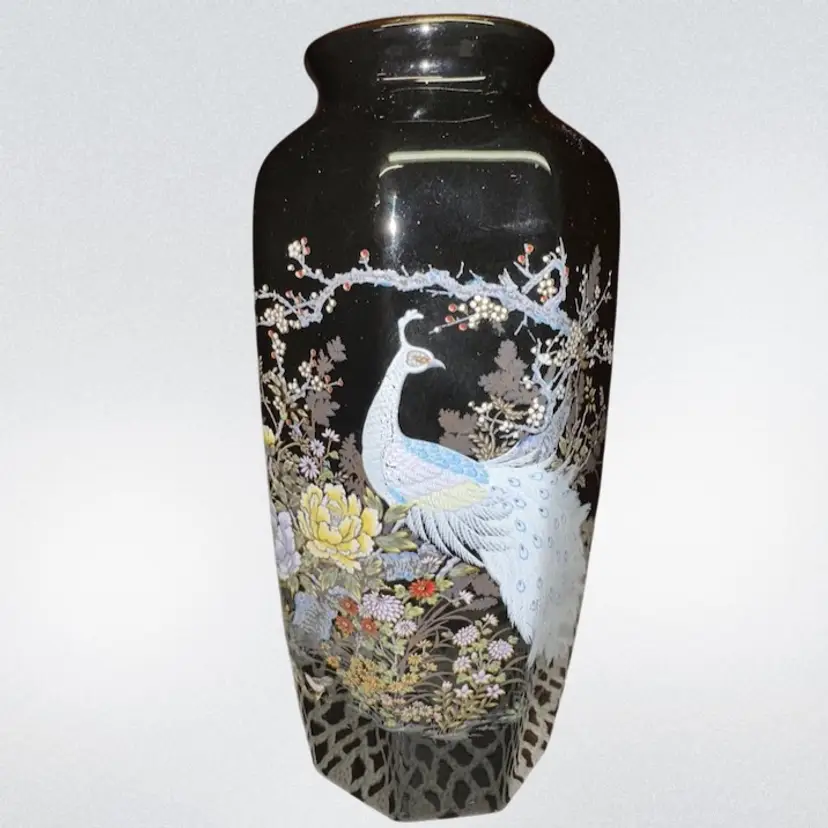 Vintage Japanese Shibata Black Gold Enamel Peacock & Floral Porcelain Vase 6”