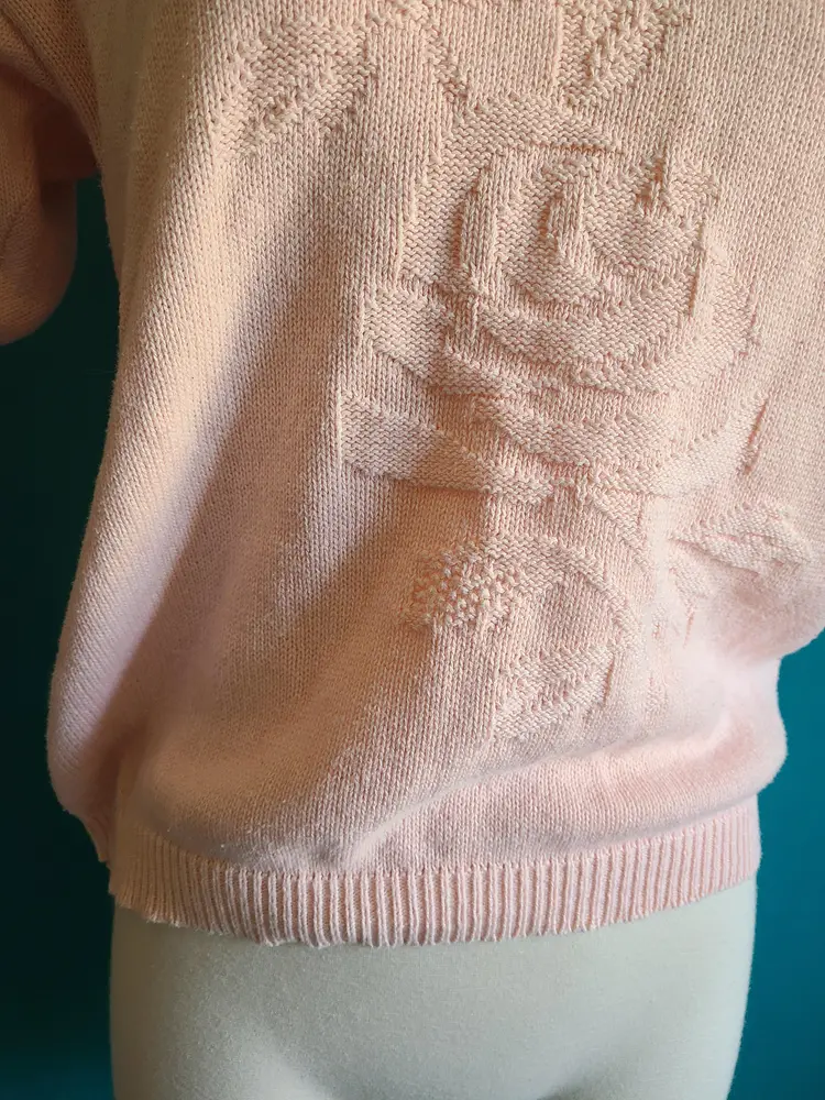 Womens vintage 80s 90s knit short sleeve top pink pastel size large floral grannycore cottagecore volup cotton blend