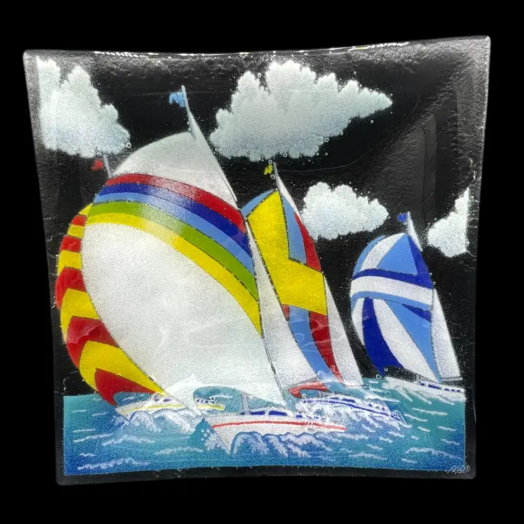 2000 Peggy Karr Glass Yachting 13" Square Fused Glass Tray 1998-2000 Rare