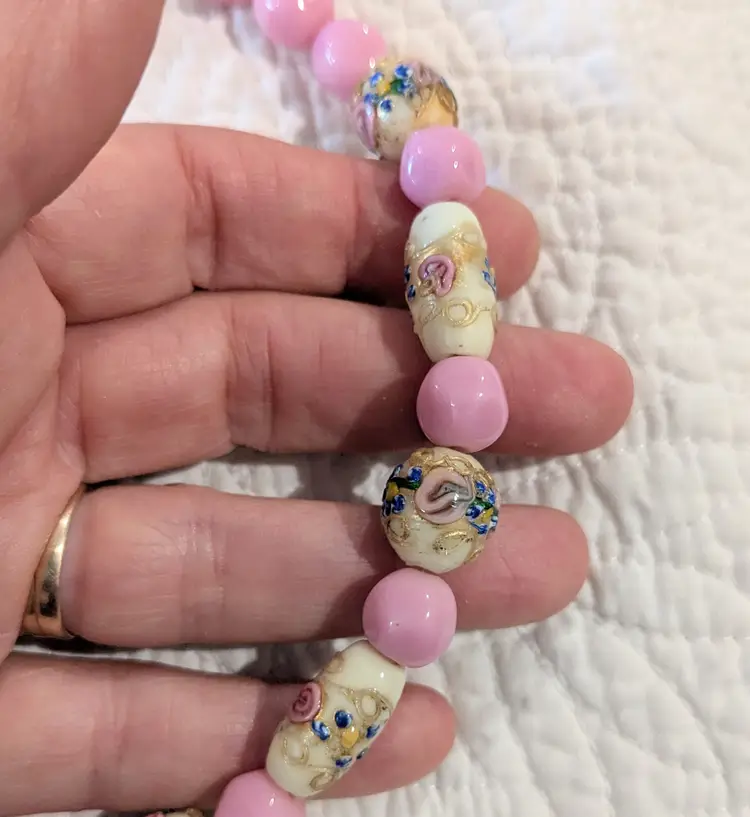 Vintage Venetian Wedding Cake Bead Necklace in Pink and Creamy White