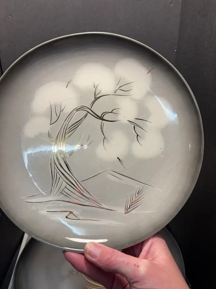 Vintage SASCHA Brastoff California SMOKE TREE (4) 10.25” Dinner Plates~and 4 Salad Plates Gray Gold &White