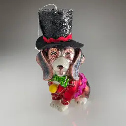 JoAnn Place & Time Basset Hound Dog in Top Hat Blown Glass Christmas Ornament 5.25"