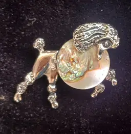 Vintage Silver  Prancing Poodle brooch pin with abalone  shell