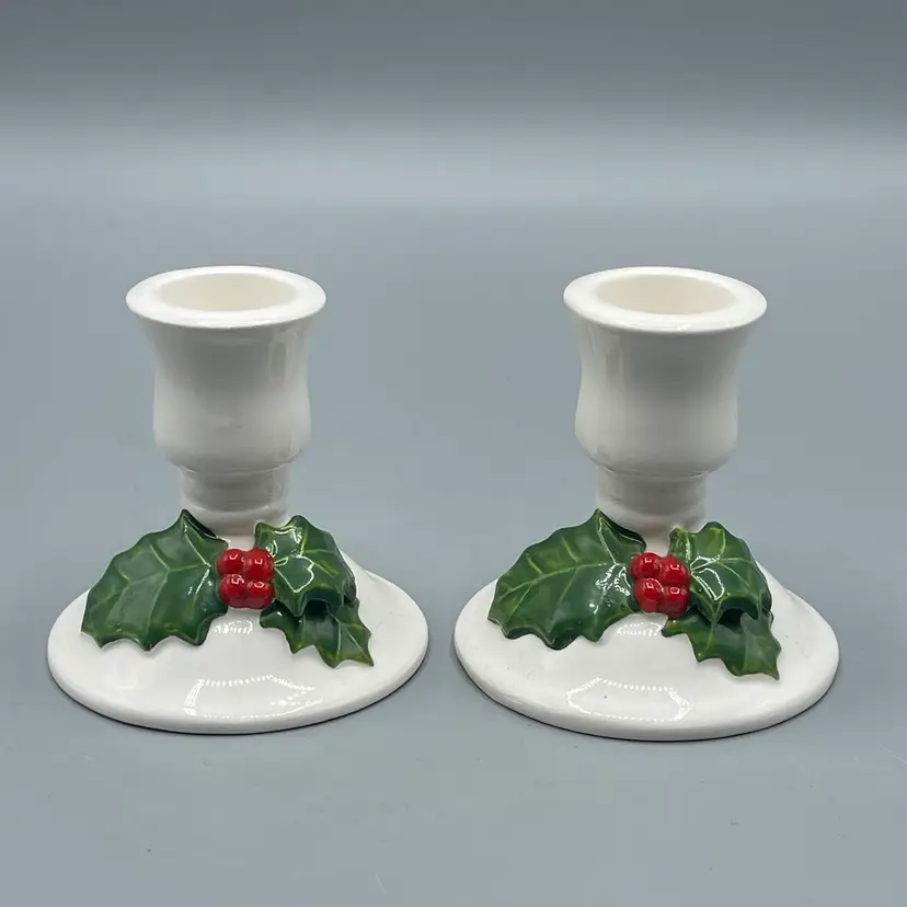 Pair Lillian Vernon White Ceramic Holly & Berry Candle Sticks