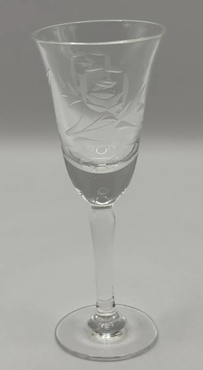 Vintage Handblown Etched Cordial Glass, Elegant Floral Design, Discontinued Collectible Barware, By Radio Brand, Made in Japan