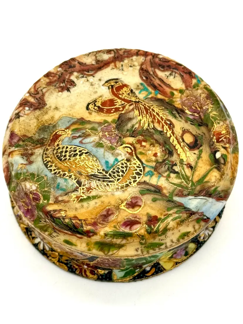 Trinket Box - Vintage Royal Satsuma w Lid; Hand painted Pheasants and Floral Designs - 3”W - Stamped