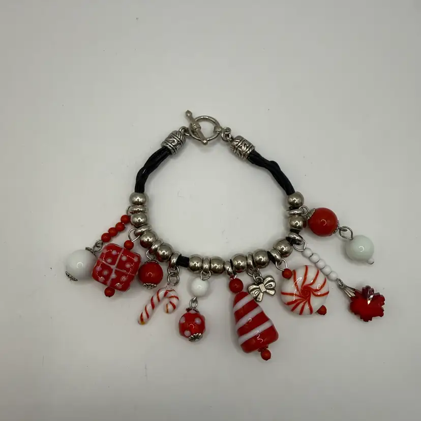 Art Glass Peppermint Christmas Charm Bracelet 7.5”