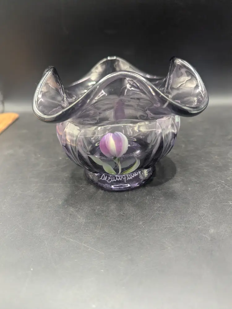 Vintage Fenton Floral Amethyst Purple Ruffled Rose Bowl Vase Hand Painted by CA Hall.