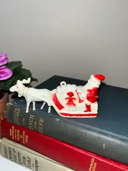 Vintage Plastic Santa & Reindeer Ornament 4”