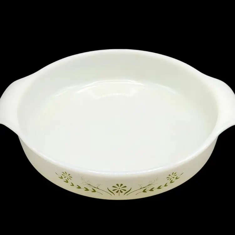 Glasbake Round Casserole Dish Green Daisy Milk Glass