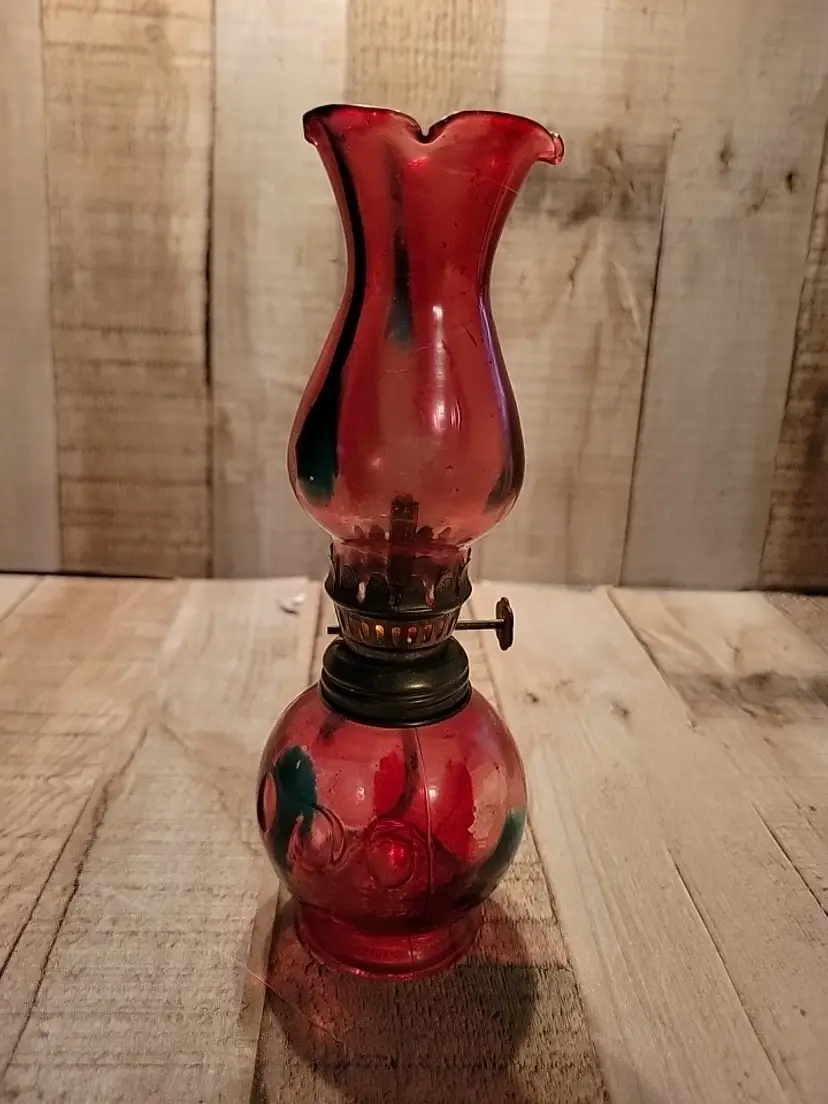 Oil Lamp Mini Red Glass 8" Hong Kong Swirl Wick Splatter Ruffle Chimney Vintage