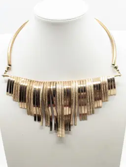 Gold Tone Fringe Textured Statement Necklace