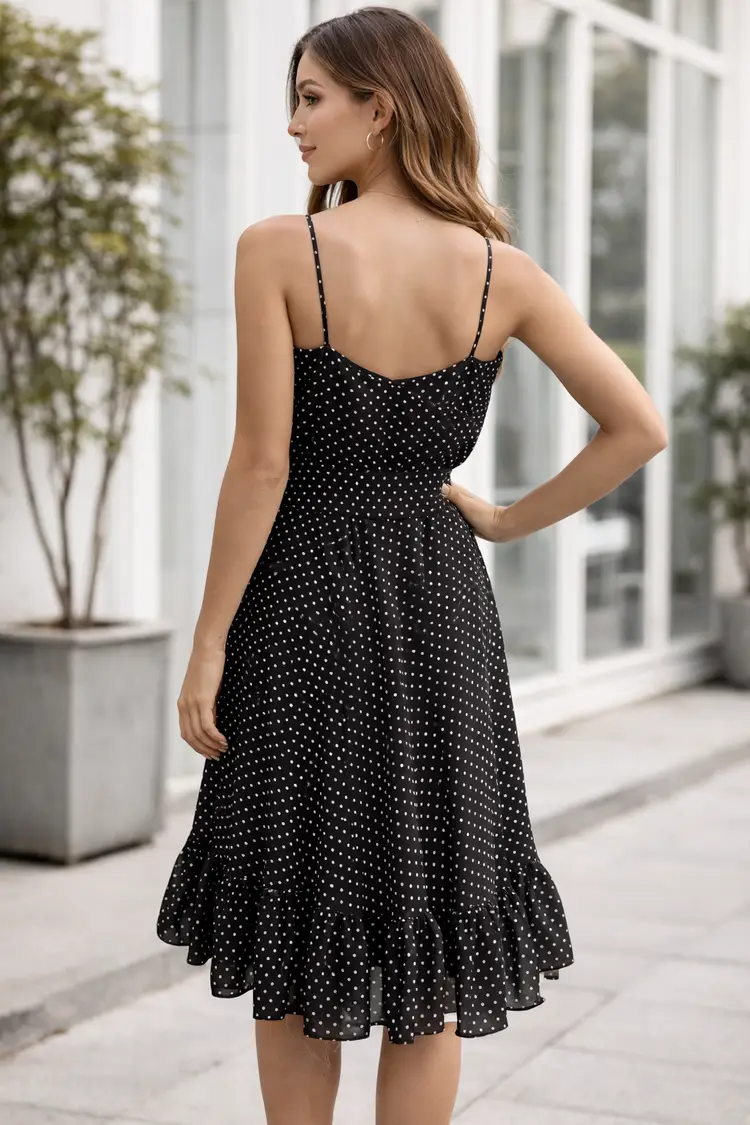 American Living Black White Polka Dot Ruffle Tie Waist Pin Up Retro Dress Sz 6