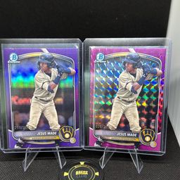 Jesus Made 2025 Bowman Chrome Purple And Fuchsia Geometric Refractors /299 And /250 Milwaukee Brewers