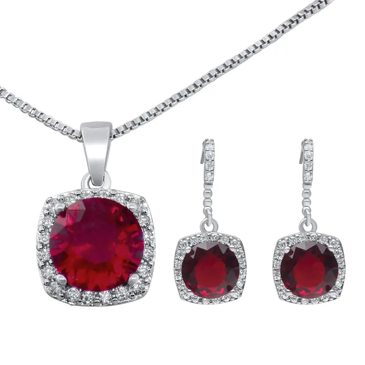 Red Garnet Halo Pendant & Earring Set Silver Tone Necklace Jewelry Gift