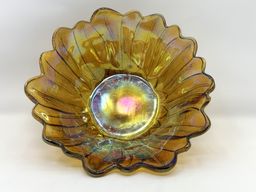 Iridescent Amber Glass Sunflower Bowl, 7" Vintage Indiana Glass, 1970s Carnival Revival Dish