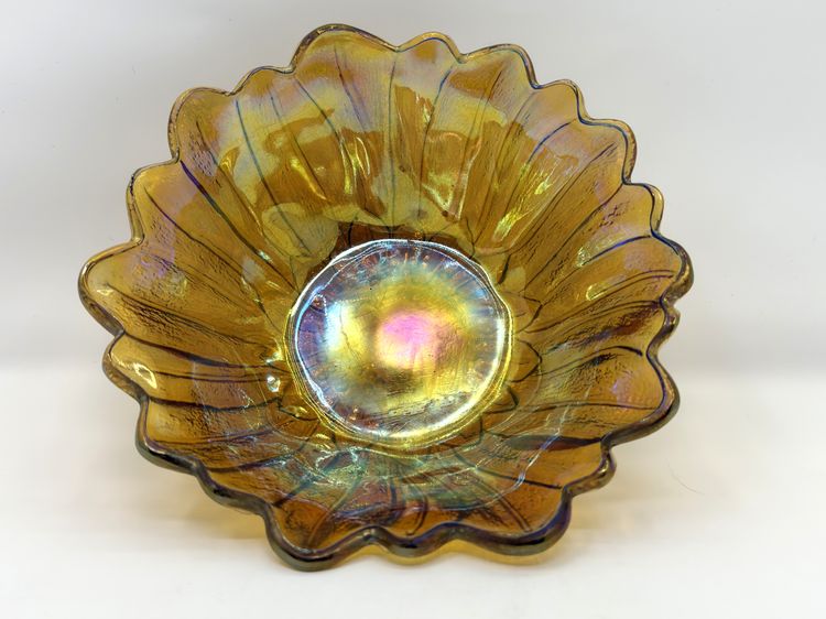 Iridescent Amber Glass Sunflower Bowl, 7" Vintage Indiana Glass, 1970s Carnival Revival Dish