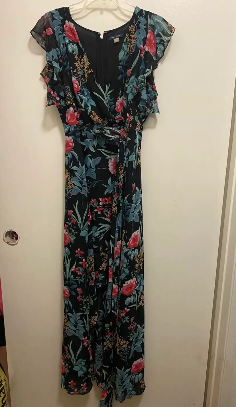 Tommy Hilfiger Womens Chiffon Floral Maxi Dress Size 14 Black Green Pink