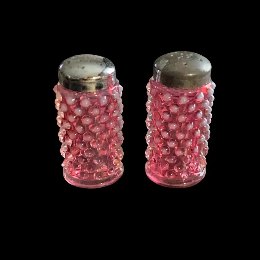 Pair Of Vintage Fenton Cranberry Opalescent Hobnail Salt And Pepper Shakers
