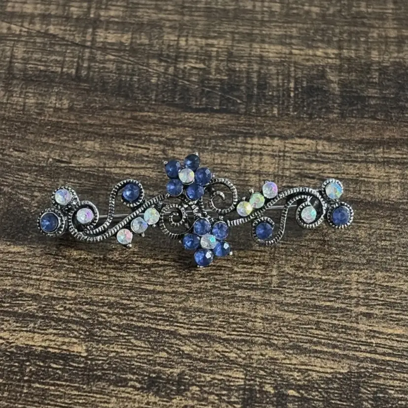 Vintage Rhinestone Floral Brooch Blue AB Silver