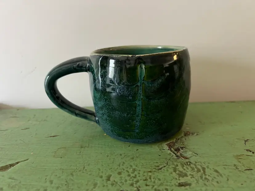 Studio Pottery Mug. Makers Mark on Base. Green Glaze. Handmade Ceramic Coffee Cup