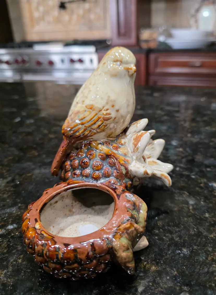 Vtg Majolica Style Ceramic Bird Figurine ,Toothpick Holder, Candle, Planter 4"