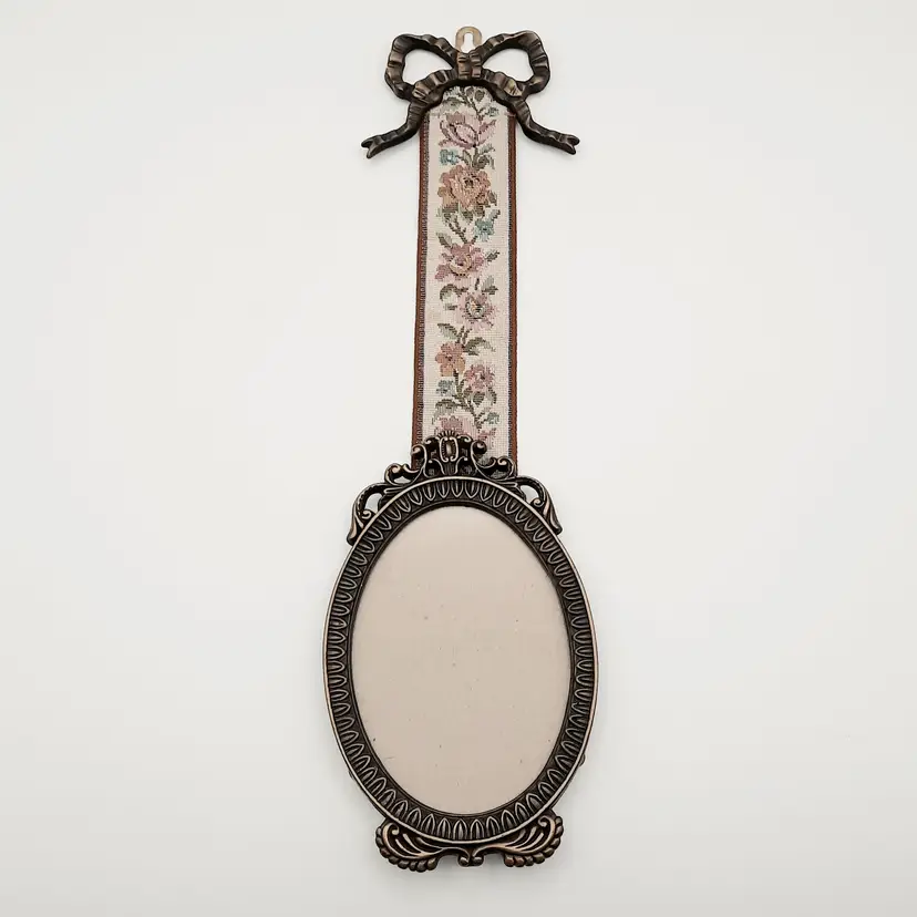 Vintage Hanging Metal Oval Picture Frame Tapestry Floral Ribbon & Metal Bow Cottagecore Granny Grandma