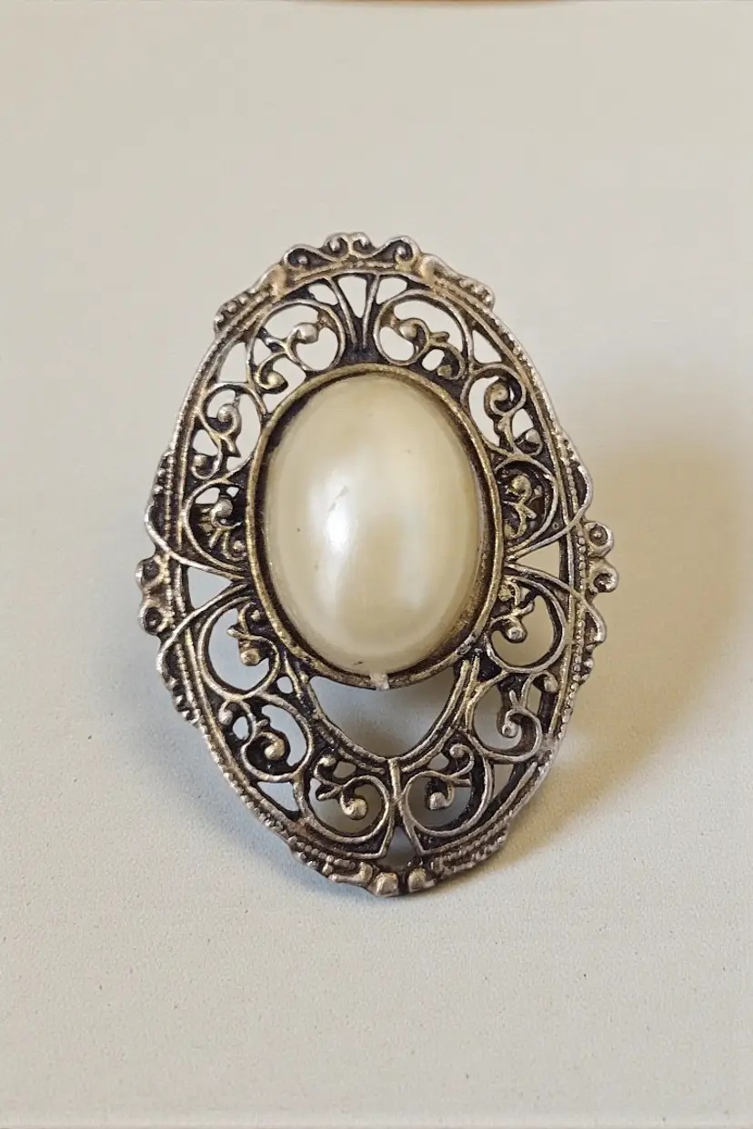 Vintage Ornate Faux Pearl Filigree Brooch Pin Victorian Style