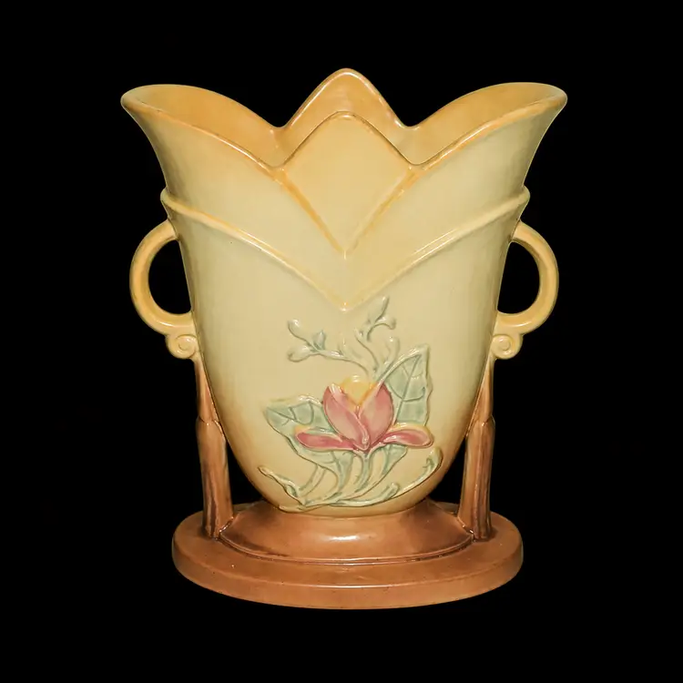 Vintage Hull Pottery Floral Relief Vase Double Handles Scalloped Rim