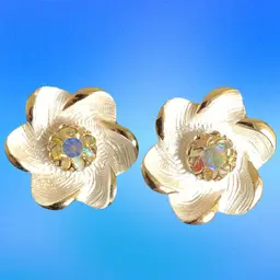 Gold Tone  White Enamel Texture Clip On Earrings With Prong Set  AB Center Rhinestone. Earrings 1” X 1”  AB Rhinestone 3/8”