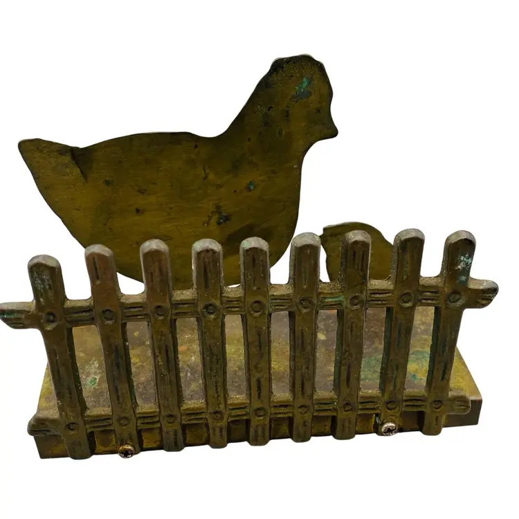 Vintage Brass Chickens Picket Fence Napkin Holder Country CottageCore Granny Patina