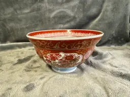 VTG Gold Imari Hand Painted Porcelain Rice Bowl Red Wagon Peony Flowers Japan