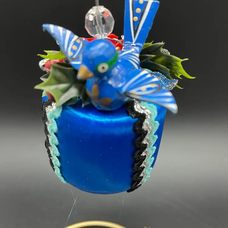 VTG Satin Blue Ornament - Upcycled Blue Wood Bird & 60s Plastic floral & Ric Rac Trim - Handmade By Me