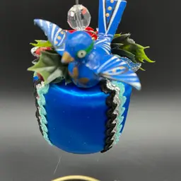 VTG Satin Blue Ornament - Upcycled Blue Wood Bird & 60s Plastic floral & Ric Rac Trim - Handmade By Me