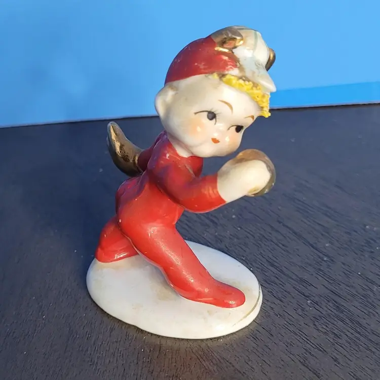 Vintage Lefton Red Devil Pixie Baseball Pitcher Figurine with Gold Accents